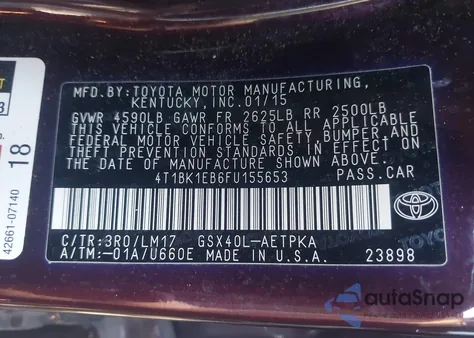 2015 Toyota Avalon Limited from USA, damaged, VIN 4T1BK1EB6FU155653